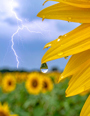 In a stunning display of nature's duality, a vibrant sunflower stands resilient against a dramatic thunderstorm.の素材