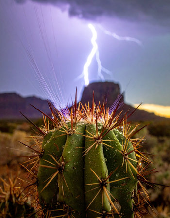 A powerful bolt of lightning illuminates the night sky, striking a distant mountain during a dramatic desert monsoon.の素材