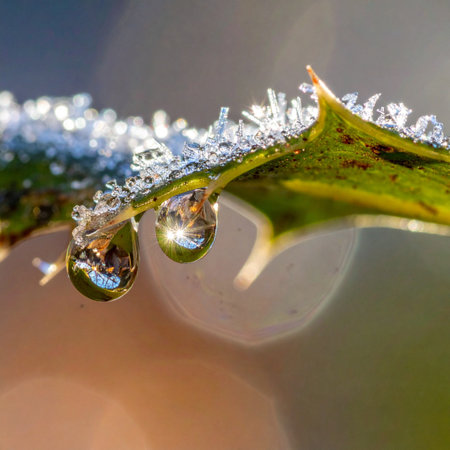 As the first rays of morning sun touch the landscape, delicate ice crystals begin to melt, forming pristine droplets on a thorny branch.の素材