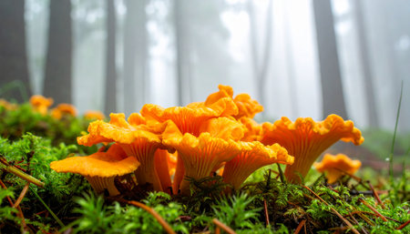A cluster of vibrant golden chanterelle mushrooms emerges from a lush bed of green moss.の素材