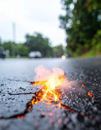 From a deep crack in the wet asphalt, a powerful, fiery energy erupts with glowing sparks.の素材