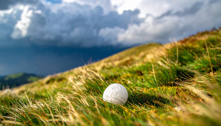 A lone golf ball rests in the tall, windswept grass of a rugged hillside, lost from the fairway. Above, a dramatic and stormy sky gathers, creating a sense of challenge and solitude.の素材