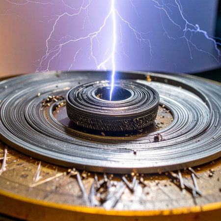 A powerful bolt of high-voltage electricity strikes the center of a precision metal bearing.の素材