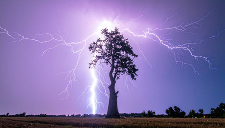 A spectacular display of nature's raw power as multiple forks of brilliant lightning illuminate a purple night sky, converging on a single, resilient tree standing alone in a dark field.の素材