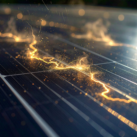 A dramatic close-up captures the raw, untamed power of electricity as a high-voltage short circuit arcs across a photovoltaic solar panel.の素材