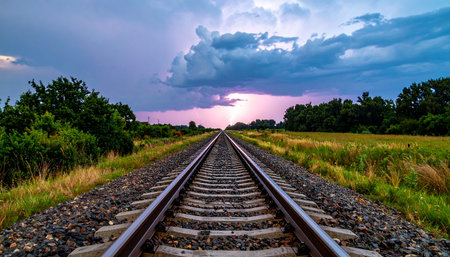A straight railway line vanishes into the horizon under a dramatic, stormy sunset sky.の素材