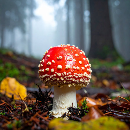A single, vibrant red fly agaric mushroom stands out against the soft, misty backdrop of an enchanted forest.の素材