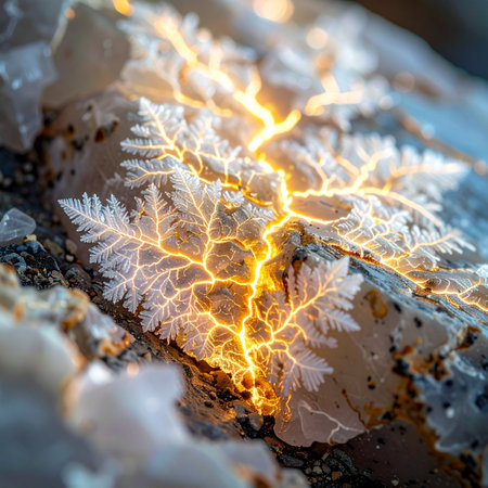 A vibrant surge of raw, elemental energy crackles through a delicate, crystalline formation deep within the earth.の素材