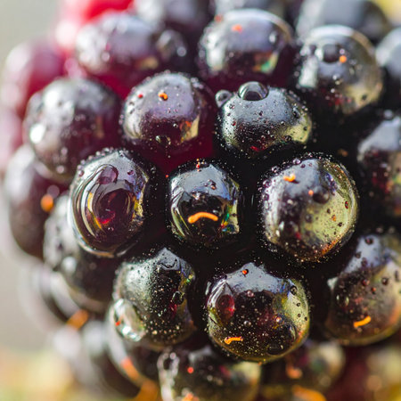 A stunning macro photograph captures a dense cluster of ripe, dark elderberries, glistening with fresh water droplets.の素材