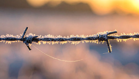 A close-up of a barbed wire fence covered in delicate ice crystals, glowing in the warm, golden light of a winter sunrise.の素材