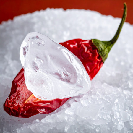 A vibrant red chili, a symbol of intense heat and spice, is juxtaposed with a piece of clear, cold ice.の素材