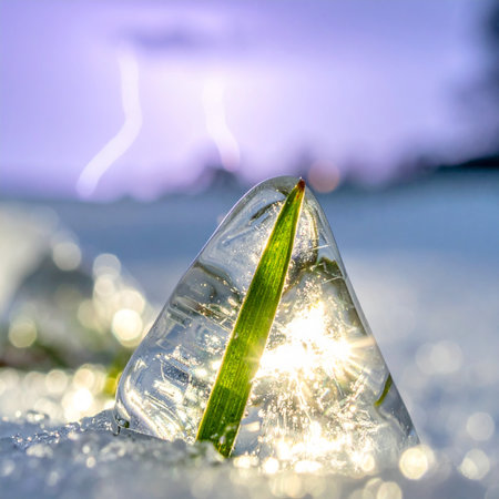 A single green blade of grass, a symbol of life and resilience, is perfectly preserved within a pyramid of clear ice.の素材