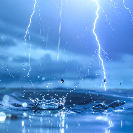 Forks of brilliant lightning illuminate a dark, turbulent sky as heavy raindrops strike the water's surface, creating explosive splashes.の素材