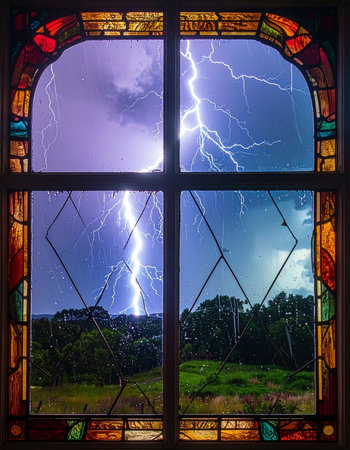 A powerful display of nature's fury unfolds as multiple lightning bolts illuminate the night sky.の素材