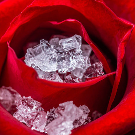 A macro view reveals an unexpected secret held within the heart of a velvety red rose.の素材