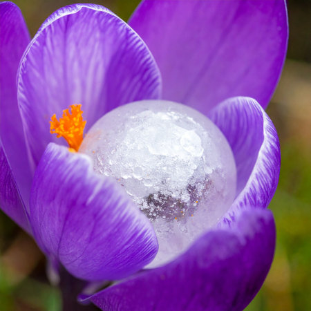 In a stunning display of natural paradox, a perfect sphere of ice rests like a crystal jewel within the vibrant purple petals of a spring crocus.の素材