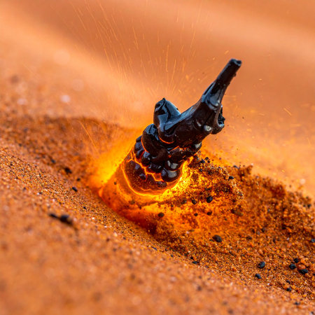 A single ember glows with intense, final energy as it smolders in the warm desert sand.の素材