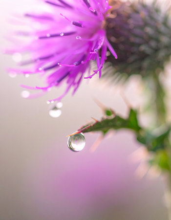 A perfect, clear water droplet clings delicately to the edge of a wild purple thistle after a gentle morning rain.の素材