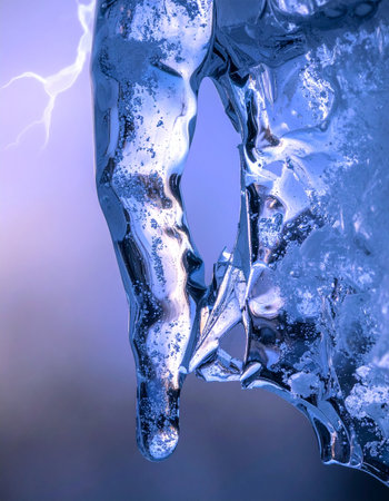 A macro view captures the intricate details of a frozen icicle, glowing with an inner blue and purple light.の素材