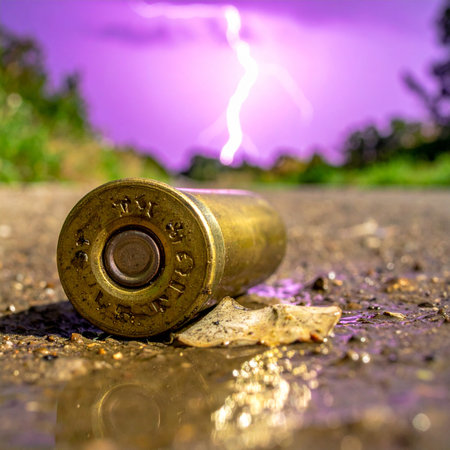 A single spent bullet casing lies abandoned on a wet, gritty road, a stark reminder of a recent conflict.の素材