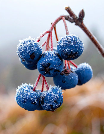 A cluster of wild blue berries is kissed by delicate ice crystals on a cold morning.の素材