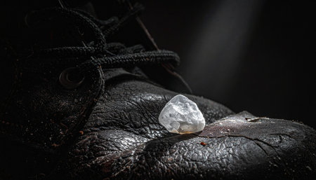 From the depths of the earth, a treasure is revealed. A rough, natural diamond glows in the gritty hand of a worker, a stark contrast between the toil of labor and the gem's pure potential.の素材
