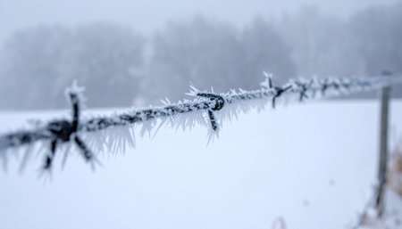 Sharp ice crystals cling to a metal barbed wire fence, creating a stark and beautiful pattern against a soft-focus, snow-covered landscape.の素材
