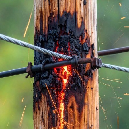 A close-up view captures a critical infrastructure failure as a wooden utility pole burns intensely at a connection point.の素材