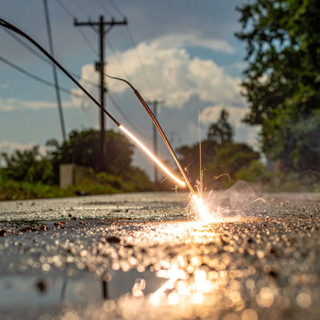A downed power line creates a hazardous situation, sending a shower of bright sparks across a wet asphalt road.の素材