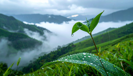 A single, fresh tea sprout with glistening morning dew drops stands in the foreground of a vast, mist-filled mountain valley.の素材