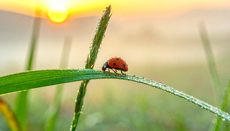 A tiny ladybug begins its morning journey, crawling along a single blade of grass adorned with sparkling dew drops.の素材