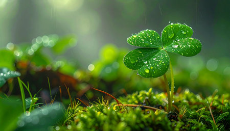 In the quiet morning light of a lush forest, a single four-leaf clover emerges from a bed of soft moss, its leaves glistening with fresh dew drops.の素材