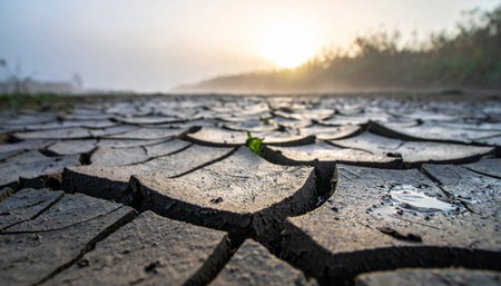 In a vast, parched landscape of cracked earth, a single, determined green sprout pushes through the dry mud.の素材