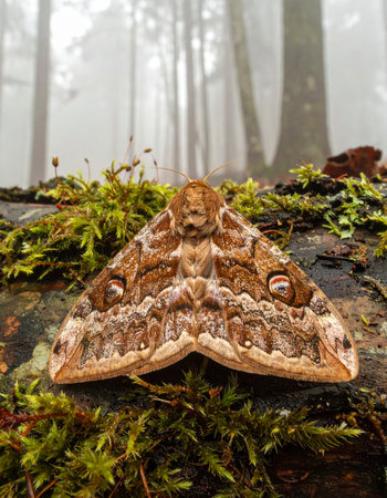 A magnificent Emperor moth rests on a bed of vibrant green moss, its intricate wing patterns a marvel of natural camouflage.の素材