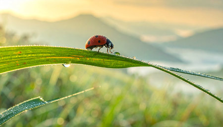 A lone ladybug begins its day, traversing a delicate blade of grass glistening with morning dew.の素材