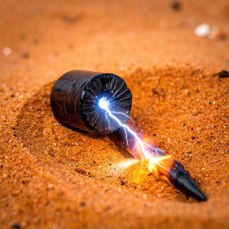 A mysterious, futuristic device lies partially buried in the desert sand, suddenly activating with a brilliant and dangerous high-voltage electrical arc.の素材