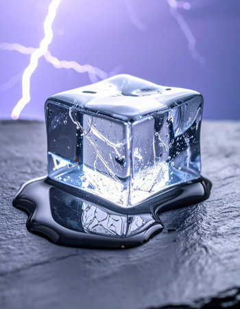 A single ice cube melts under immense pressure, reflecting the raw, electric energy of a lightning storm in the background.の素材