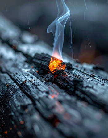 In the quiet aftermath, a single ember glows with defiant warmth on a piece of charred wood.の素材