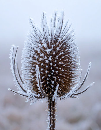 A single teasel seed head stands resilient against the biting cold, its intricate structure beautifully adorned with a delicate layer of crystalline hoarfrost.の素材