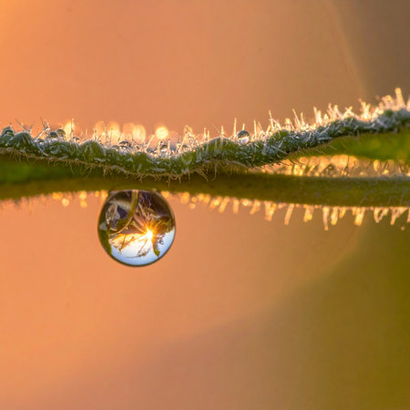 A single, perfect droplet of water clings to a frost-kissed blade of grass, capturing the entire golden sunrise within its tiny sphere.の素材