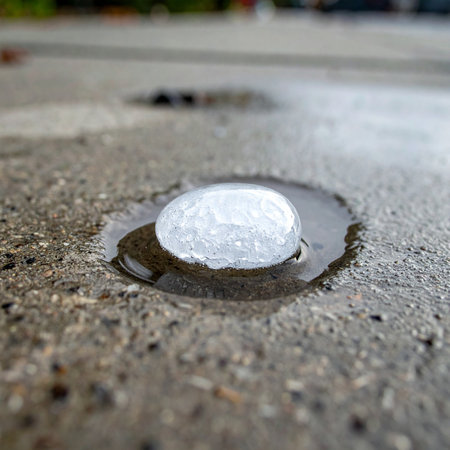 A single, large hailstone, a remnant of a recent storm, slowly melts into a puddle on the cold, wet concrete.の素材
