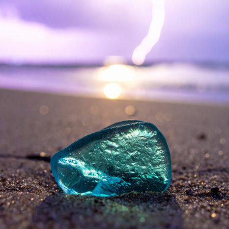 A single, glowing piece of turquoise sea glass rests on the wet sand, a forgotten jewel polished by the ocean's embrace.の素材