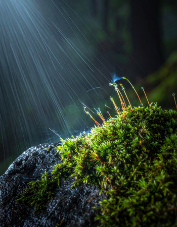 In the quiet depths of an ancient forest, a single, brilliant sunbeam breaks through the canopy, illuminating a patch of vibrant green moss.の素材
