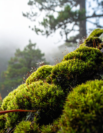 In the quiet hush of a misty morning, tiny droplets of dew cling to the vibrant green moss blanketing a forest stone.の素材