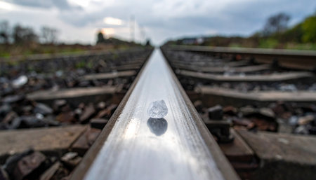 A low-angle, selective focus shot captures the gleaming surface of a steel railway track stretching towards a distant, hazy horizon.の素材