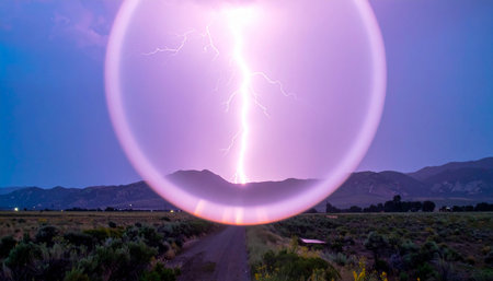 A colossal sphere of purple energy materializes in the twilight desert sky, capturing a bolt of raw lightning within its core.の素材