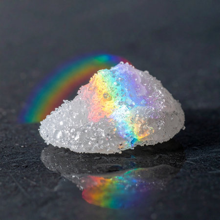 A macro view captures a tiny mound of crystalline sugar, transformed by a brilliant spectrum of rainbow light.の素材