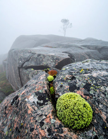 In the quiet solitude of a fog-enshrouded mountain, a lone tree stands as a silent sentinel on the peak.の素材