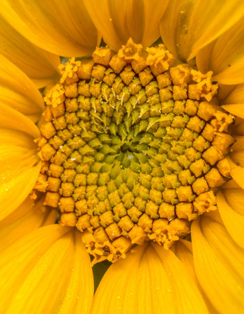 A mesmerizing macro view into the heart of a vibrant yellow flower, revealing the perfect geometric spiral at its core.の素材
