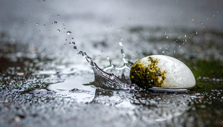 A single drop of rain makes a dramatic impact on a wet surface, creating a perfect liquid crown frozen in time.の素材
